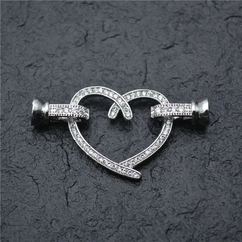 25x23mm Heart Shape Pave CZ Rhinestone Two Loops Connectors Necklace Clasps or Bracelet Charms Fashion Jewelry Findings 5pcs