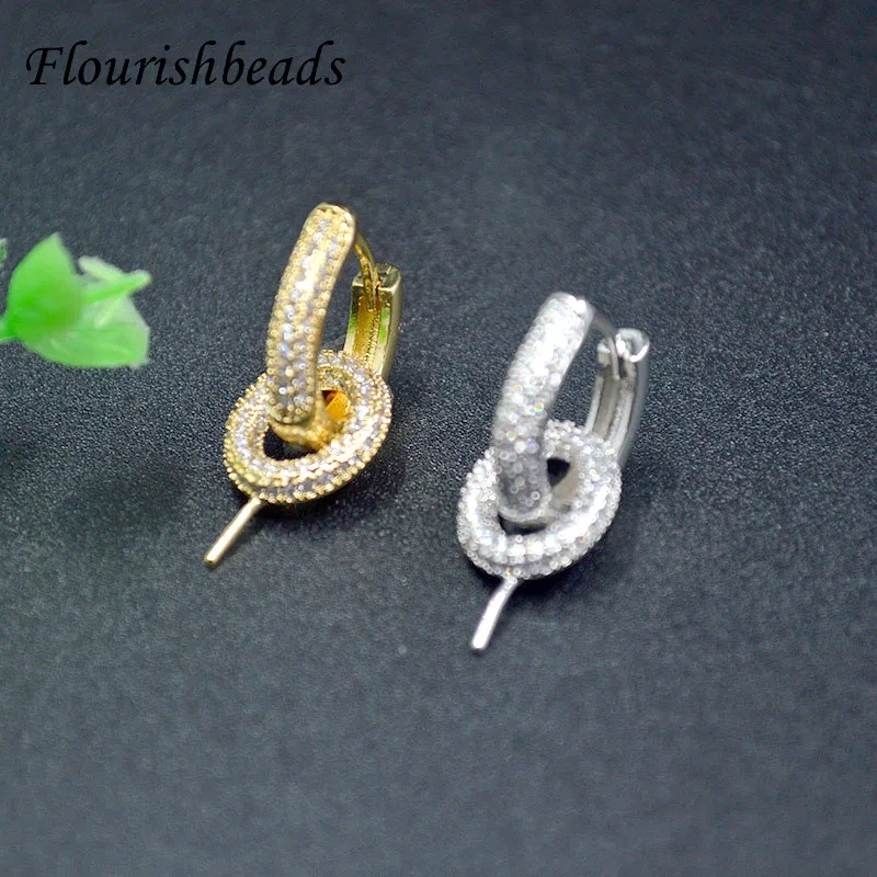 10pcs Luxury Metal Circle Shape Pin Round Earring Hooks Paved Colored CZ Beads Jewelry Findings Fit Half Hole Stones Making