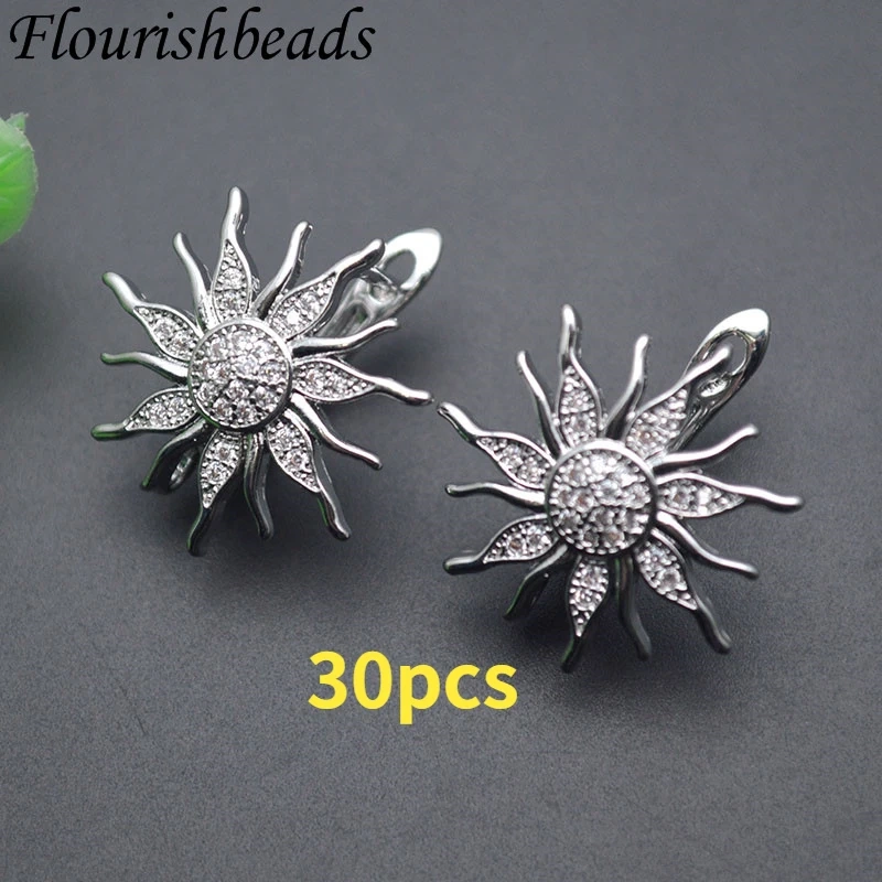 Metal Brass Real Gold Plated Sun Flower Shape 18k Earring Hooks Paved CZ Beads Earwire Fasteners Jewelry Findings