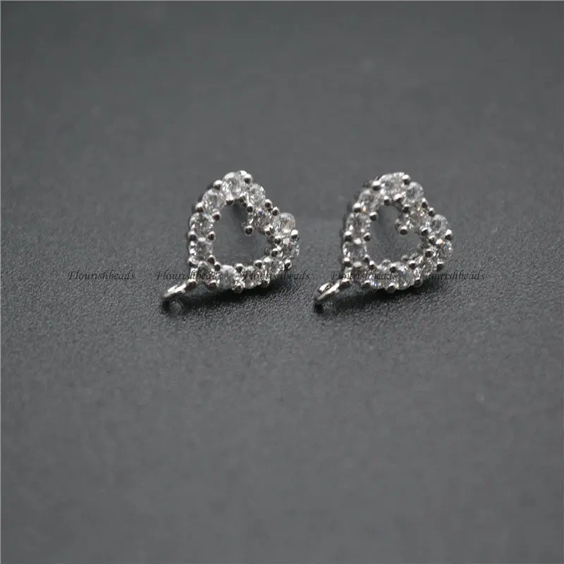 New Design CZ Zircon Beads Paved Heart Shape Metal Earrings Stud Brass Jewelry Findings Gold Color / Rhodium Silver Color 30pcs