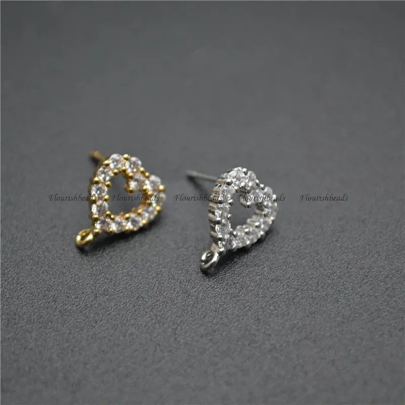 New Design CZ Zircon Beads Paved Heart Shape Metal Earrings Stud Brass Jewelry Findings Gold Color / Rhodium Silver Color 30pcs