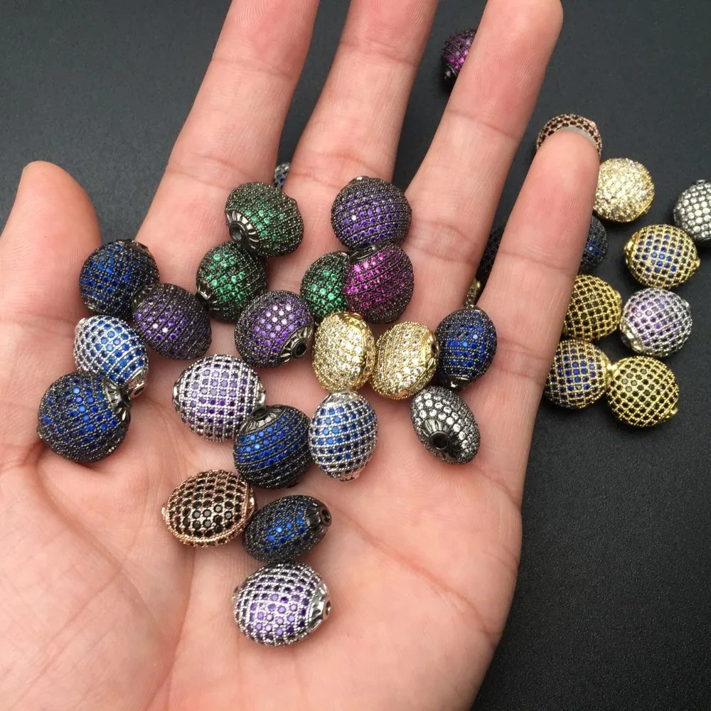 High Quality Muti Color Paved Real CZ Zircon 15mm Flat Oval Round Metal Beads DIY Fashion Jewelry Findings 5pc/lot Free shipping