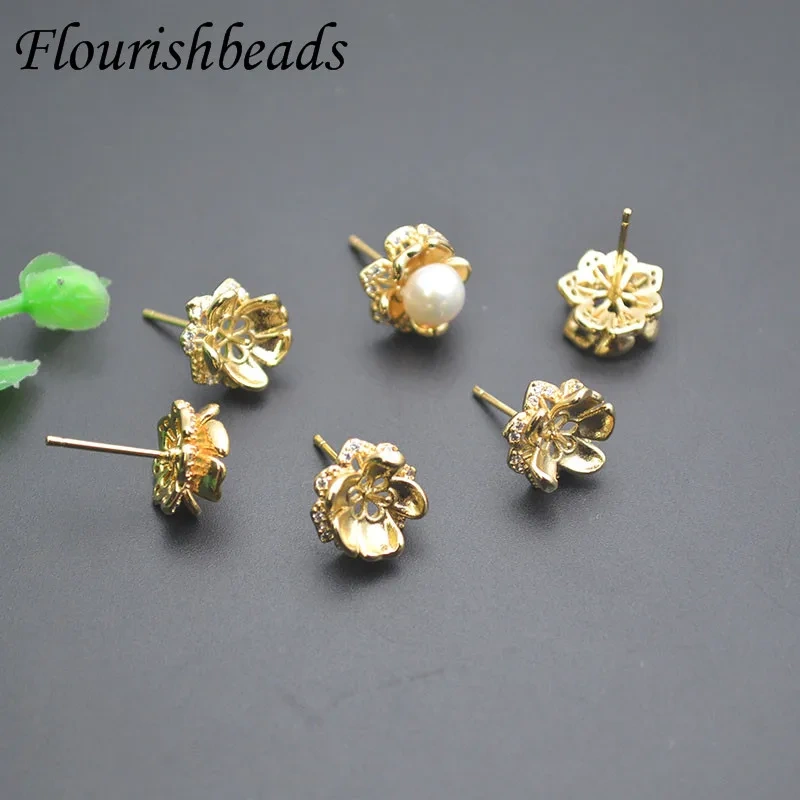 Gold Color Flower Shape Paved CZ Beads Stud Earring for Half Hole Bead Earring Making 30pcs/lot