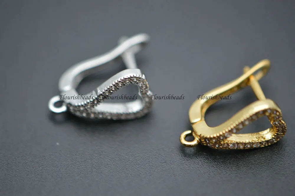New Design Paved CZ Beads 12mm Metal Copper Hollow Out Heart Shape Earring Hooks Jewelry Clasps Findings 30pc Per Lot