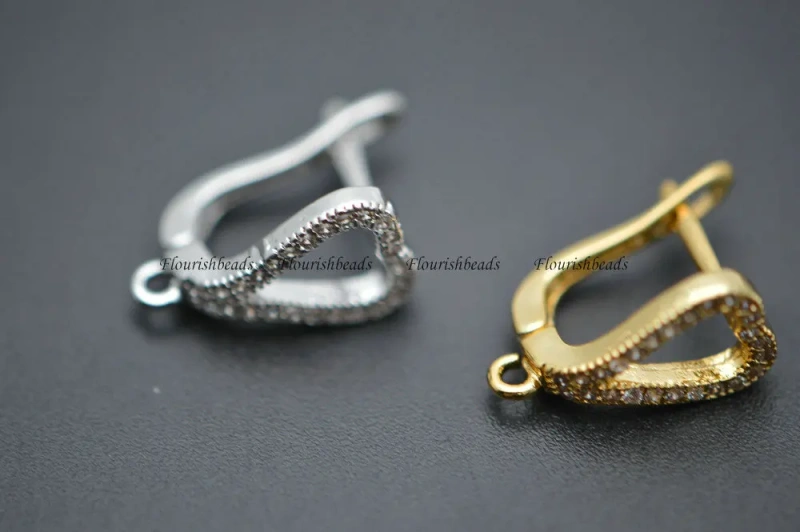 New Design Paved CZ Beads 12mm Metal Copper Hollow Out Heart Shape Earring Hooks Jewelry Clasps Findings 30pc Per Lot