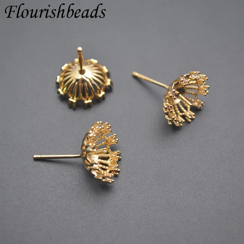 30pcs/lot 18k Real Gold Palted Flower Shape Earring Stud Pins Fit Half Hole Beads DIY Earring Jewelry Making Accessories