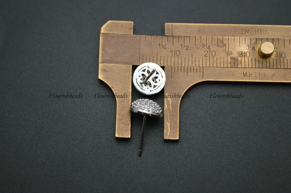 Paved White CZ Beads 7mm 9mm Metal Copper Round Shape Stud Earring Parts Jewelry Findings 10pr Per Lot