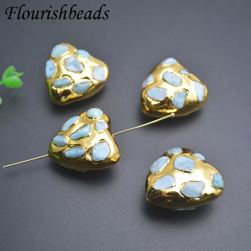 Vintage Gold Plated Stone Loose Beads Heart Shape Through Hole Bead for DIY Earrings Necklace Jewelry Making 5pcs/lot