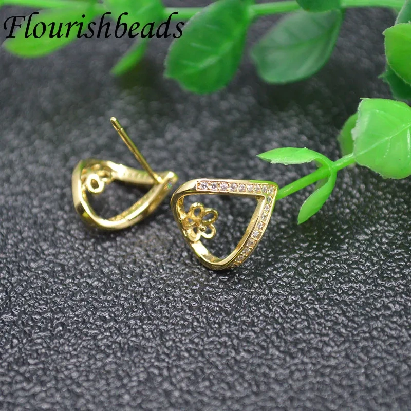 Anti-rust CZ Beads Paved Gold Color Heart Earring Hooks Stud For DIY Half Hole Beads Jewelry Making Supplies 10Pairs per lot