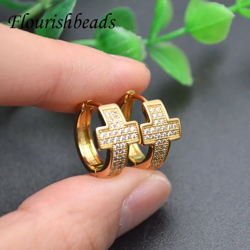 20pcs/lot Nickel Free Anti Rust Real Gold Plating CZ Paved Lock Shape Round Earrings Hooks for Jewelry Making Supplies