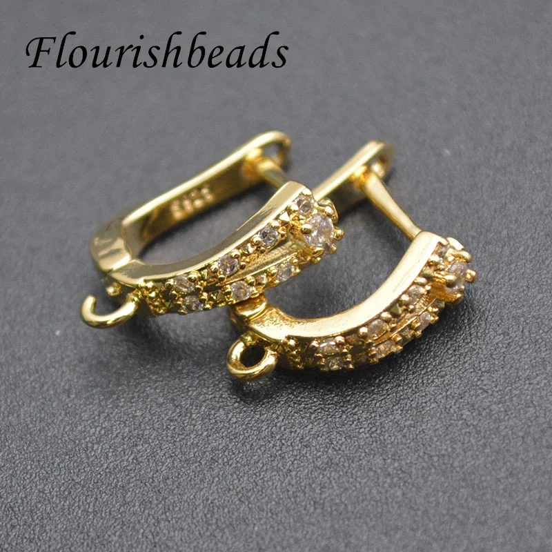 High Quality Paved Real Zircon Beads Brass Gold Plating  Arched Shape Earring Hoops Handmade Jewelry Making 30pcs/lot