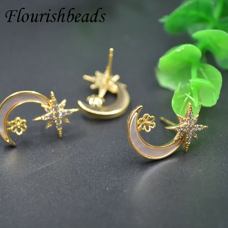 Nickel Free CZ Beads Paved Moon Earring Hooks Stud Posts For DIY Half Hole Beads Earring Jewelry Making Supplies