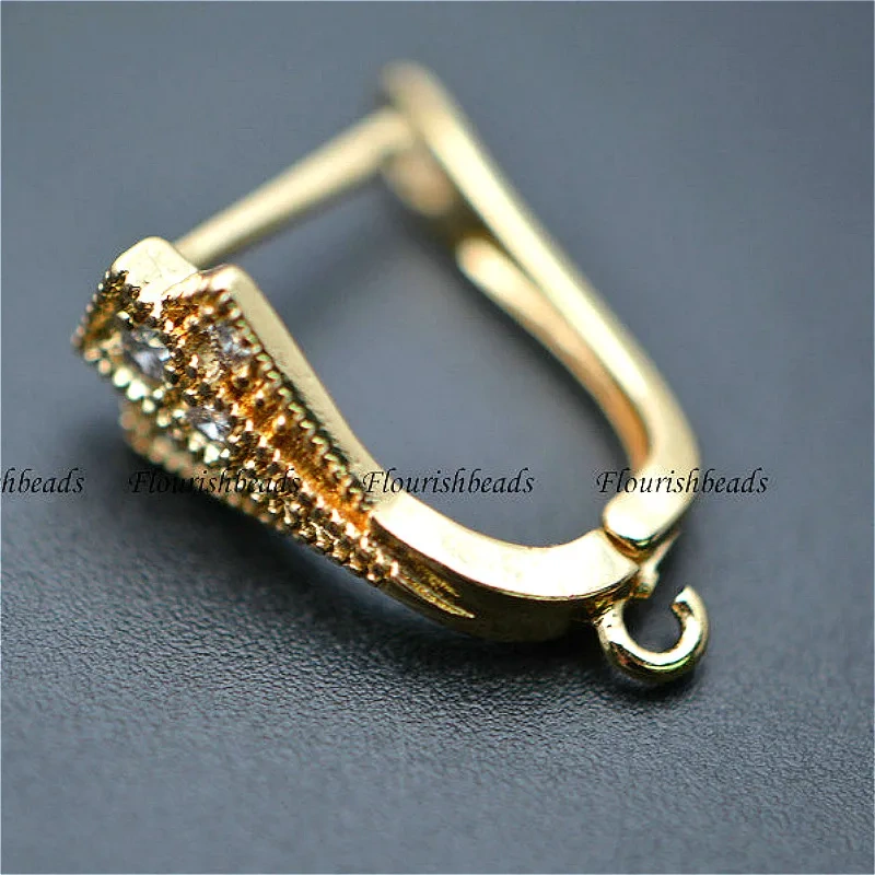 Anti-rust Gold color Paved CZ 15X20mm Triangle Shape Metal Copper Earring Hooks Jewelry findings 30pc per lot