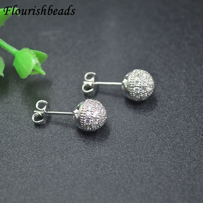 Luxury Metal Anti Fading Colored Zircon Round Ball Shape Stud Earring for Fashion Girl Jewelry 20pcs/lot