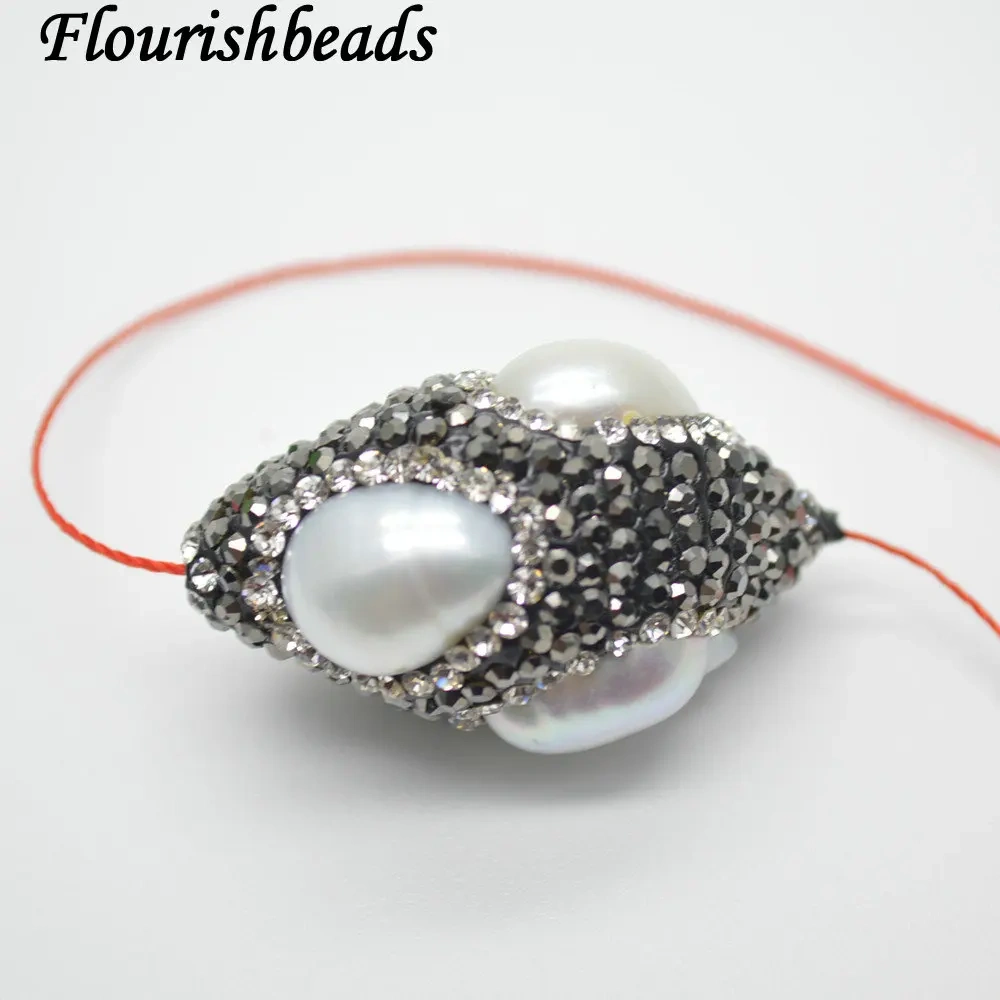 Paved Black Crystal and White Fresh Water Pearl Big size Oval Marquis Eye Shape Loose Beads 10pc per lot Jewelry making