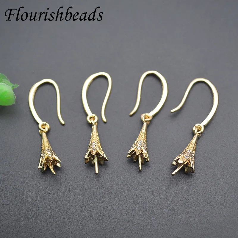 Copper Gold Plated Flower Shape Ear Wire Empty Bracket Paved Zirconia for DIY Pearl Dangle Earrings 30pcs/lot