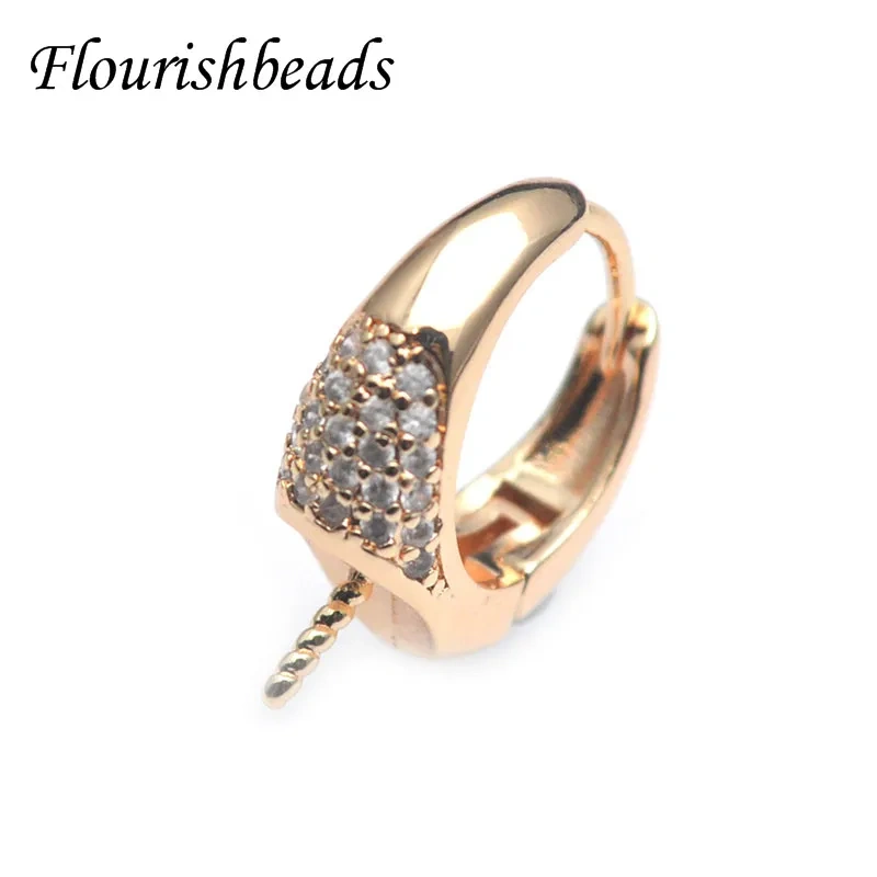 Gold Color CZ Paved Circle Shape Screw Pin Earring Hooks Fit 12mm Half Hole Beads DIY  Handmade Jewelry Making