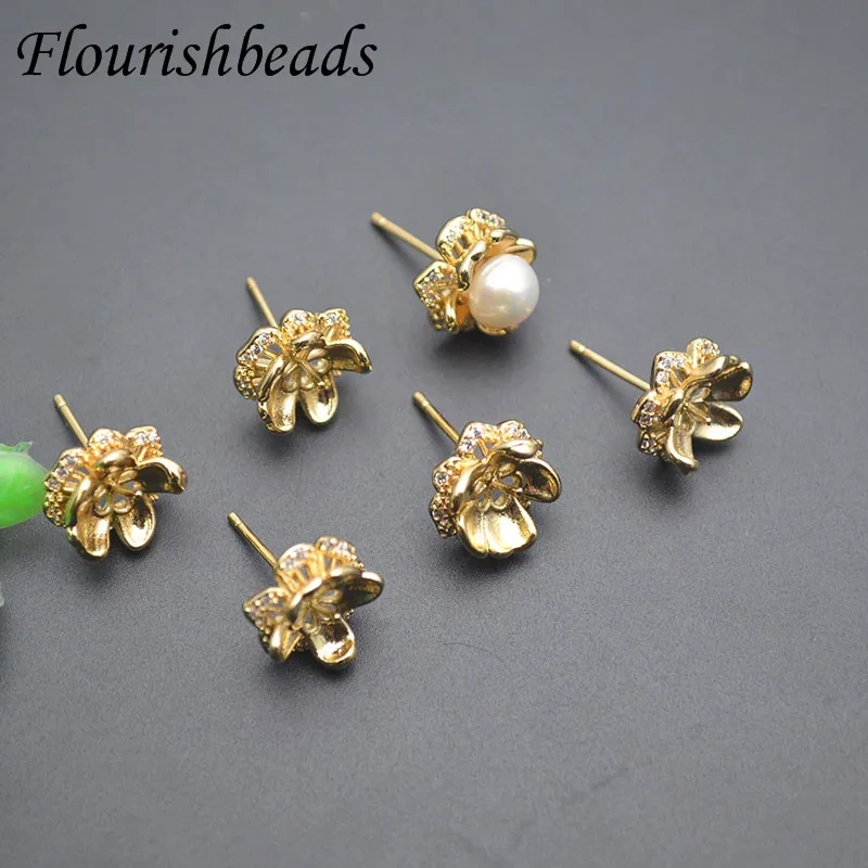 Gold Color Flower Shape Paved CZ Beads Stud Earring for Half Hole Bead Earring Making 30pcs/lot