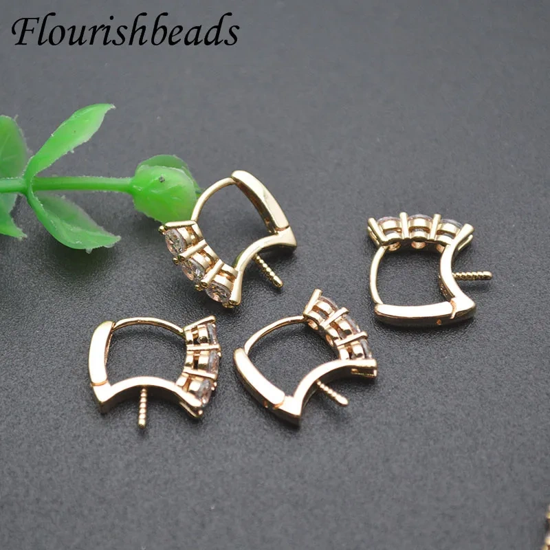 Real Gold Plating CZ Beads Paved Spiral Pin Style Fit Half Hole Beads Earring Stud Hooks Clasp for Jewelry Making 30pcs/lot