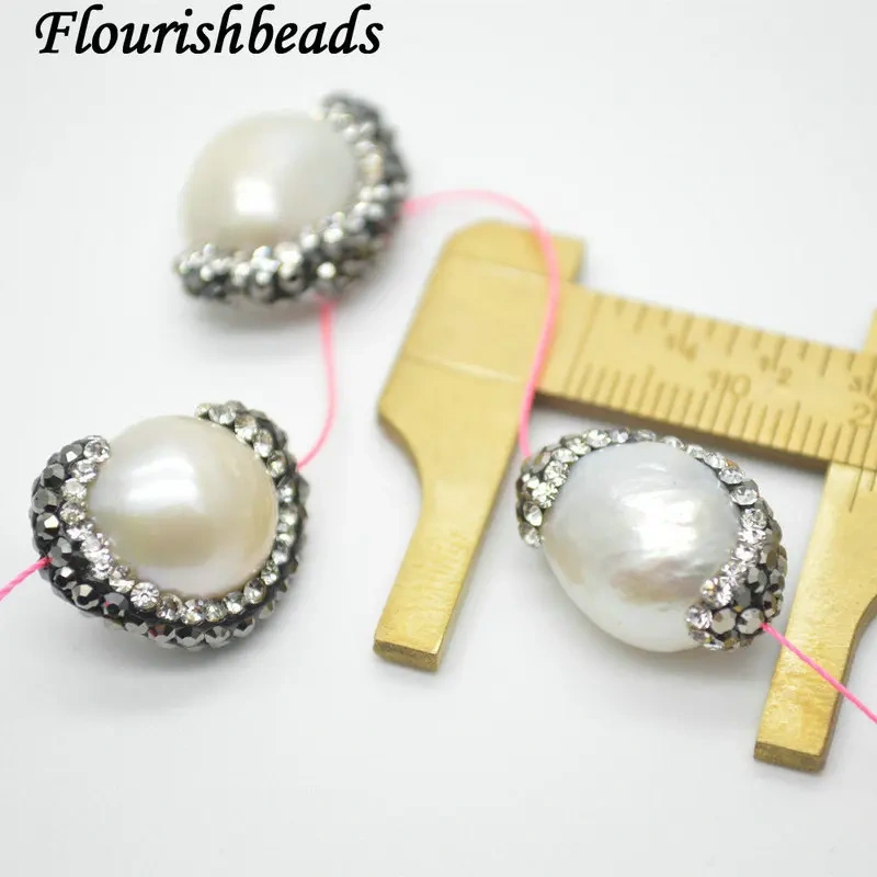 5pc Paved Black Crystal Natural White Pearl Oval Loose Beads DIY Fashion Jewelry making supplies