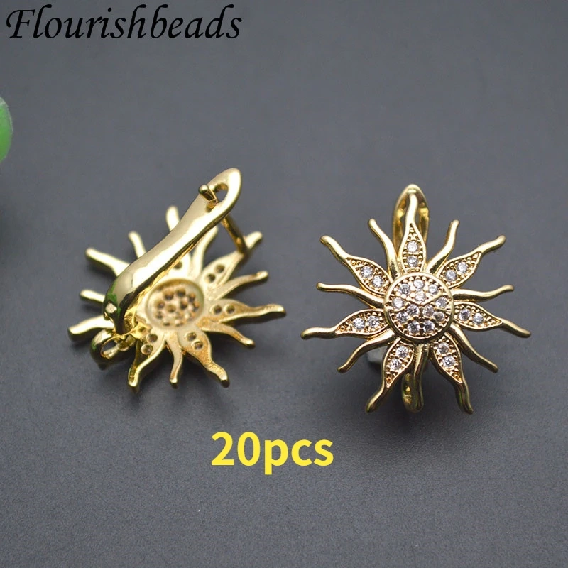 Metal Brass Real Gold Plated Sun Flower Shape 18k Earring Hooks Paved CZ Beads Earwire Fasteners Jewelry Findings
