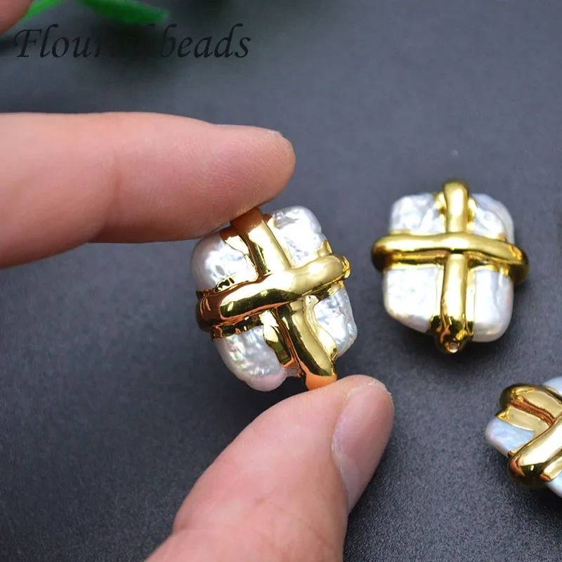 Natural White Pearl Anti-Fading Cross Shape Gold Plating Square Loose Beads Fit Necklace Making 10pc Per Lot