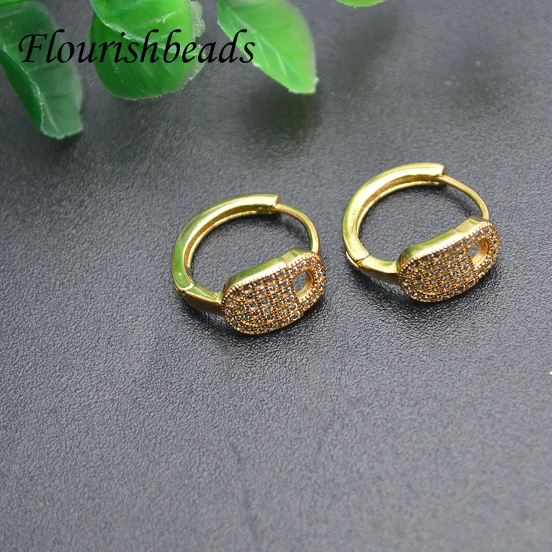 20pcs/lot Nickel Free Anti Rust Real Gold Plating CZ Paved Lock Shape Round Earrings Hooks for Jewelry Making Supplies