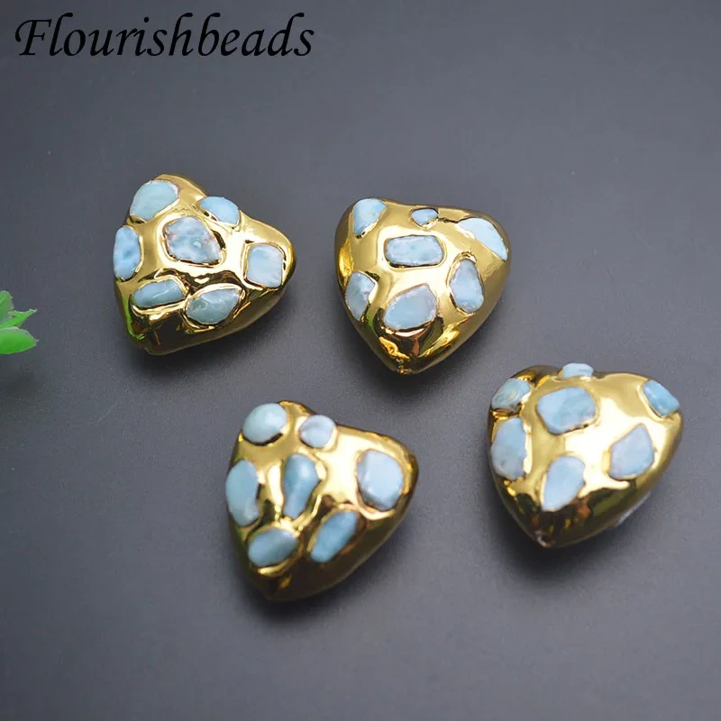 Vintage Gold Plated Stone Loose Beads Heart Shape Through Hole Bead for DIY Earrings Necklace Jewelry Making 5pcs/lot