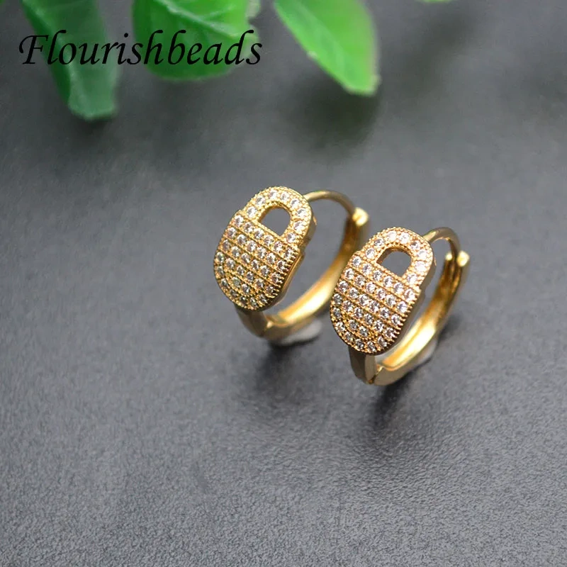 20pcs/lot Nickel Free Anti Rust Real Gold Plating CZ Paved Lock Shape Round Earrings Hooks for Jewelry Making Supplies