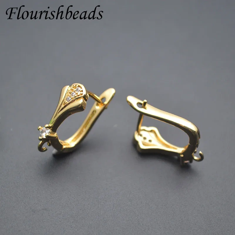 Real Gold Plated 18k Gold Leaf Shape Paved CZ Beads Earring Hooks Schwenzy Accessories for Women DIY Jewelry Making 30pcs/lot
