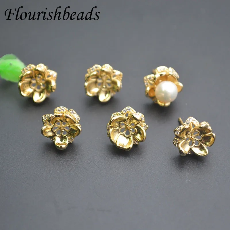 Gold Color Flower Shape Paved CZ Beads Stud Earring for Half Hole Bead Earring Making 30pcs/lot