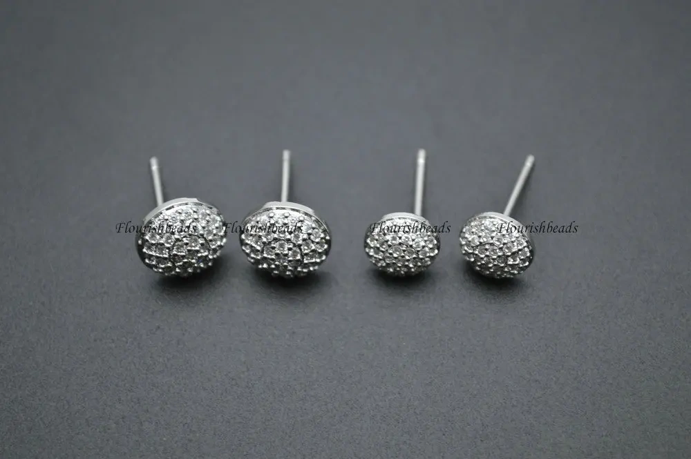 Paved White CZ Beads 7mm 9mm Metal Copper Round Shape Stud Earring Parts Jewelry Findings 10pr Per Lot