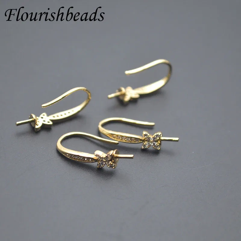 10x19mm Gold Color Paved CZ Beads Earring Findings Stud Earwire DIY Half Hole Pearl Earrings Jewelry Making Accessories 30pcs