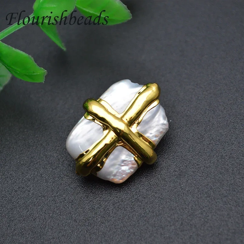 Natural White Pearl Anti-Fading Cross Shape Gold Plating Square Loose Beads Fit Necklace Making 10pc Per Lot