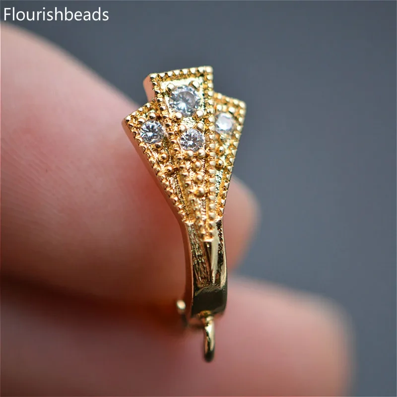 Anti-rust Gold color Paved CZ 15X20mm Triangle Shape Metal Copper Earring Hooks Jewelry findings 30pc per lot