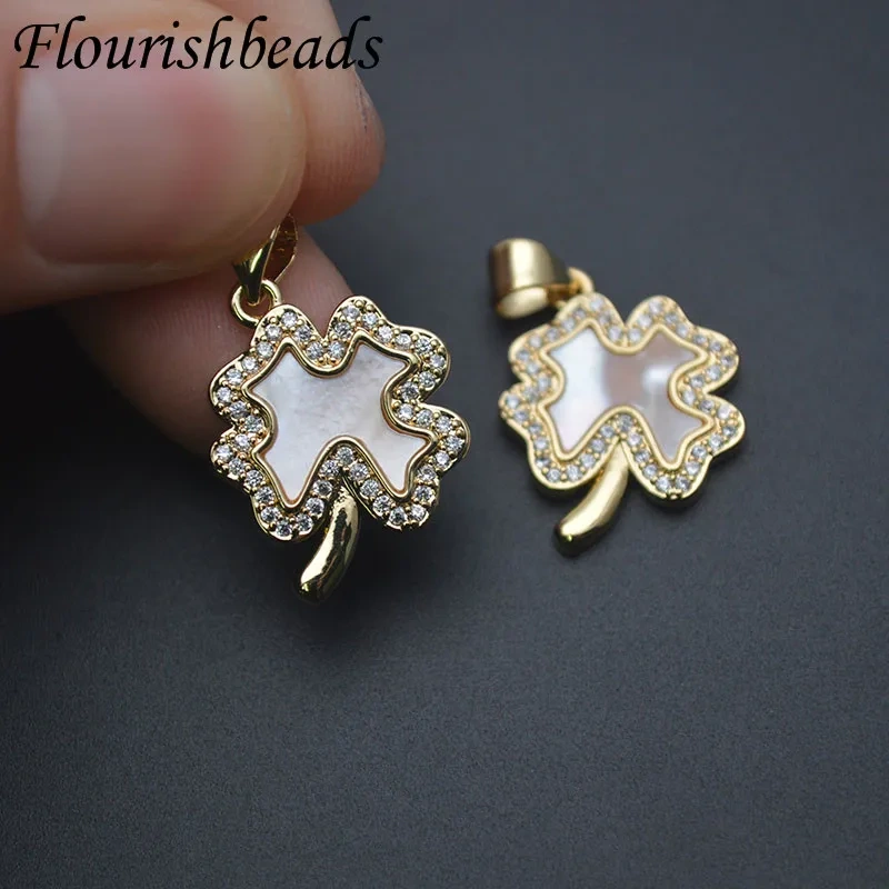 Jewelry Findings Accessories Supplies Gold Plated CZ Beads Paved Leaf Pendant Charms for Women DIY Necklace