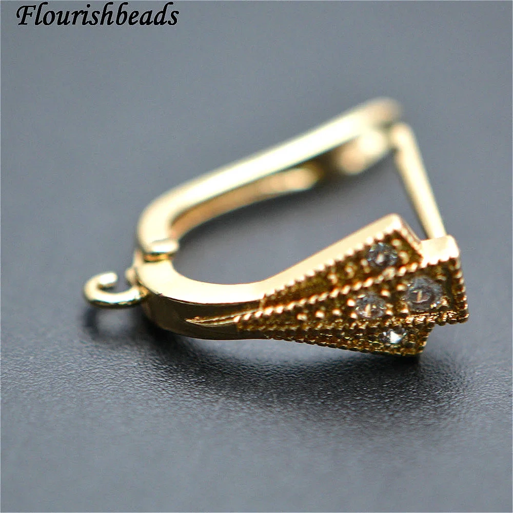 Anti-rust Gold color Paved CZ 15X20mm Triangle Shape Metal Copper Earring Hooks Jewelry findings 30pc per lot
