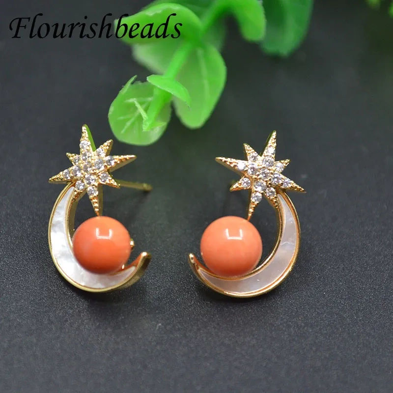 Nickel Free CZ Beads Paved Moon Earring Hooks Stud Posts For DIY Half Hole Beads Earring Jewelry Making Supplies
