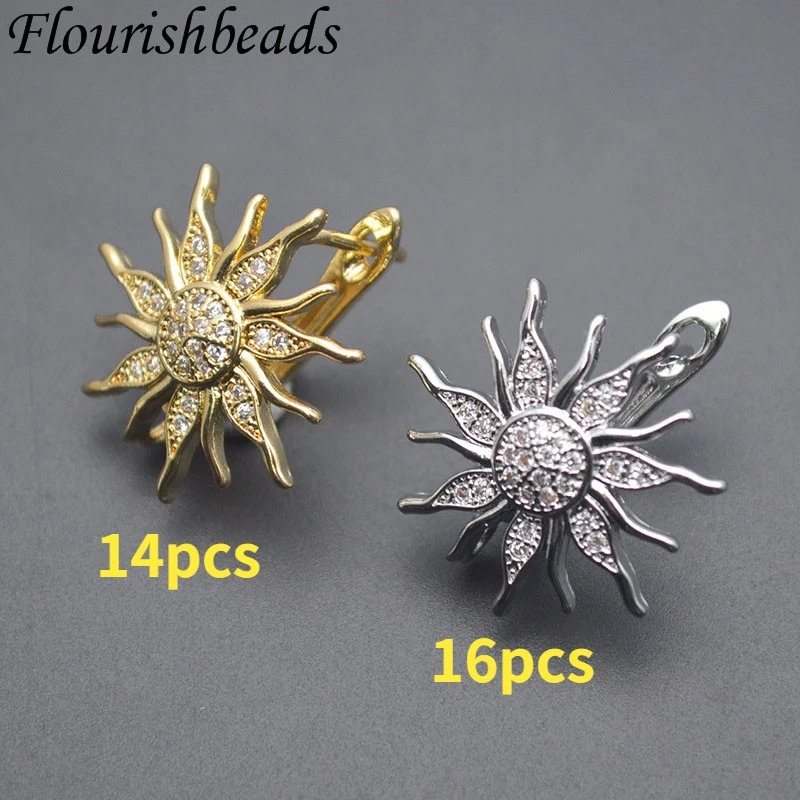 Metal Brass Real Gold Plated Sun Flower Shape 18k Earring Hooks Paved CZ Beads Earwire Fasteners Jewelry Findings