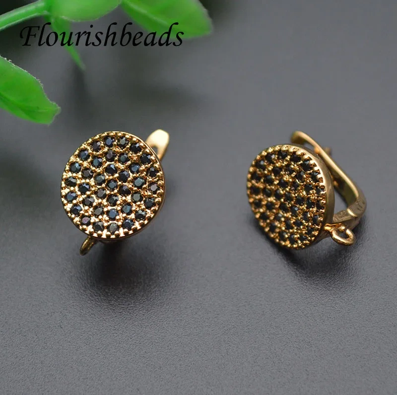 Nickle Free Black CZ Beads Paved  Gold Plating Round Coin Shape Earring Hooks for High Quality Jewelry Making Supplier