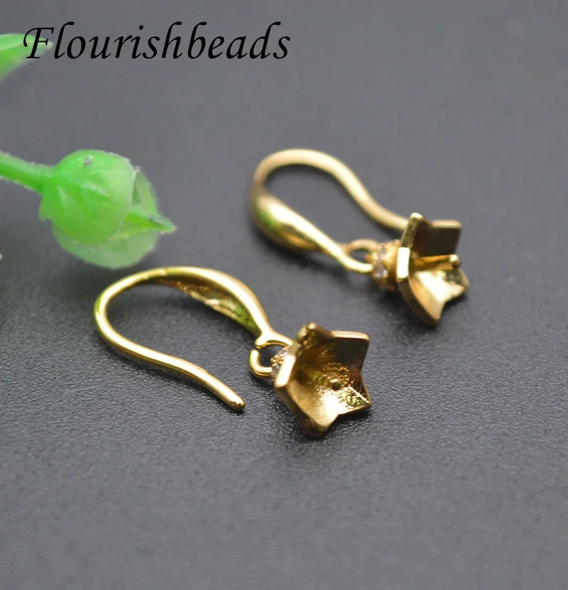 30pcs/lot  Real Gold Plating Fish Wire Earring Hooks CZ Paved Flower Pins Fit Half Hole Beads Dangle Earrings Making
