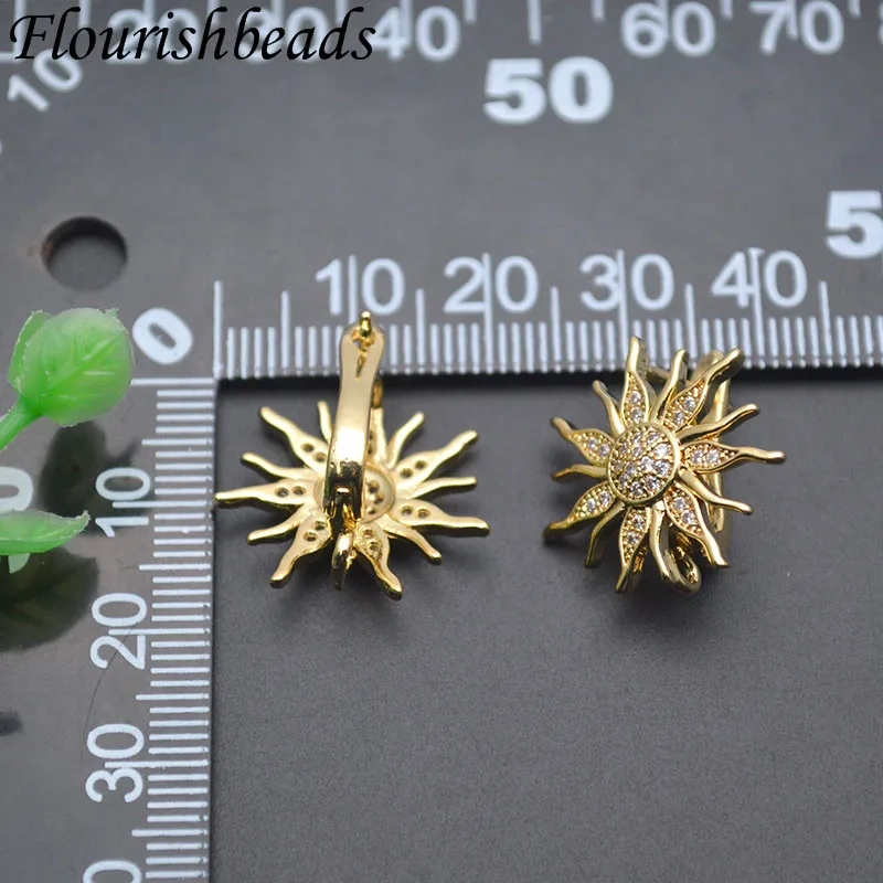 Metal Brass Real Gold Plated Sun Flower Shape 18k Earring Hooks Paved CZ Beads Earwire Fasteners Jewelry Findings