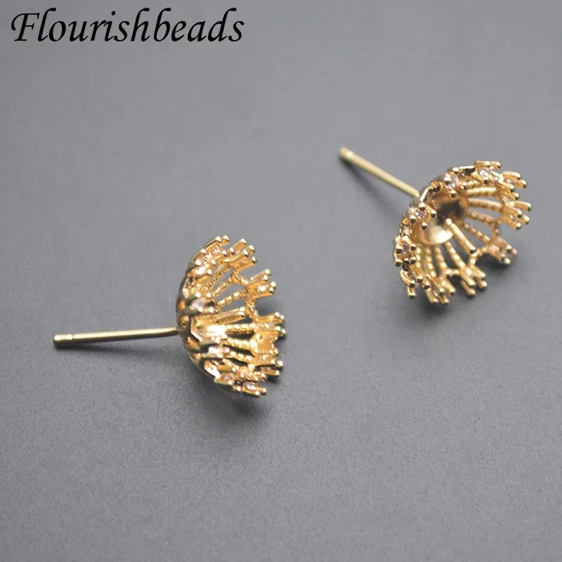 30pcs/lot 18k Real Gold Palted Flower Shape Earring Stud Pins Fit Half Hole Beads DIY Earring Jewelry Making Accessories