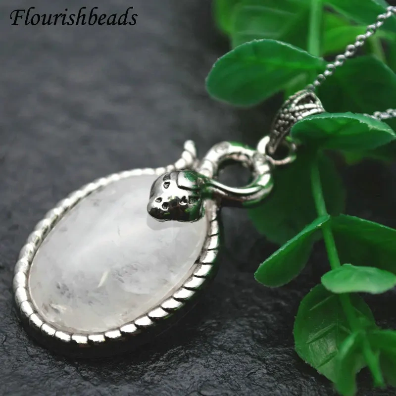 Snake Shape Metal Edge Natural Gemstone Oval Pendant Fit Necklace Jewelry DIY Stuff Tiger Eye / Pink Quartz / Amethyst / Crystal