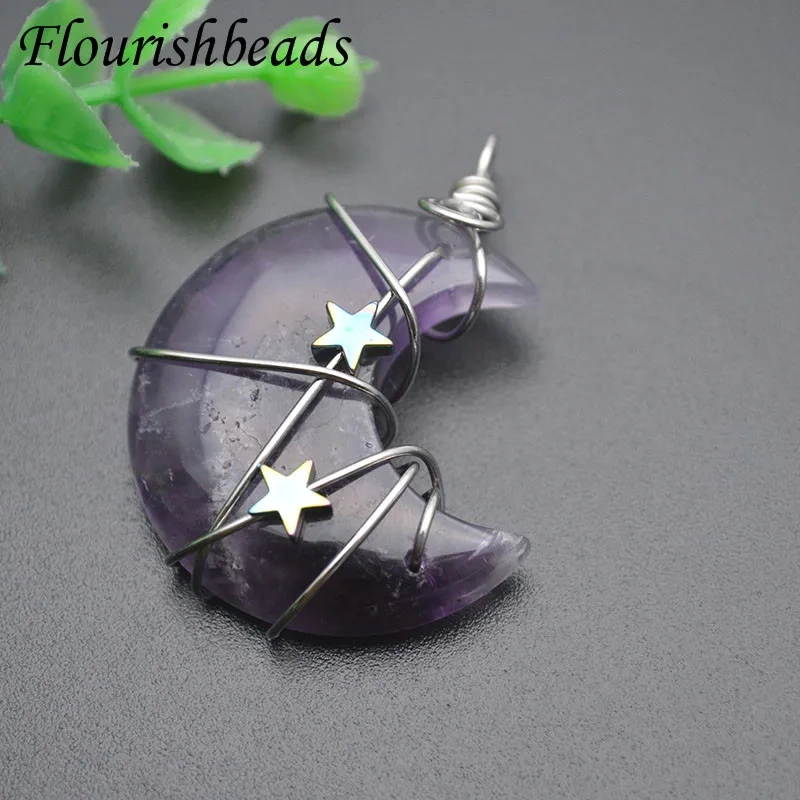 5pcs/lot Gemstone Carved Moon Shaped Necklace Healing Crystals Tiger Eye Pendant Jewelry Gift
