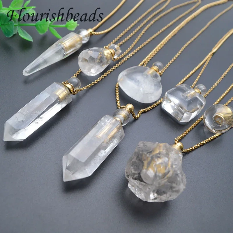 Multi Style Natural Stone Crystal Perfume Bottle Essential Oils Pendant Necklace Fine Jewelry Women Gift