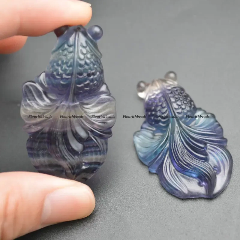 1pc Natural Fluorite Colorful Gemstone Carved Goldfish Shape Stone Pendant Fits Necklace Amulet Energy Jewelry Making