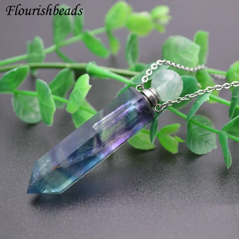 Faceted Point Perfume Bottle Pendant Natural Gemstone Essential Oils Perfume Bottle Pendant Necklace Fine Jewelry Women Gift