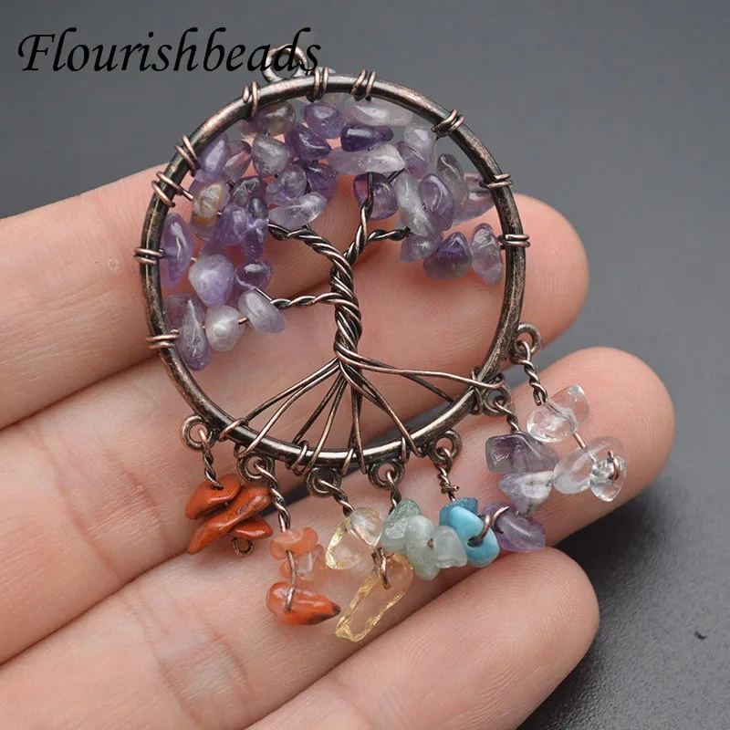 3pcs/lot Natural Stone Tree Life 7 Chakra Handmade  Wire Wrapped Pendants for DIY Jewelry Marking