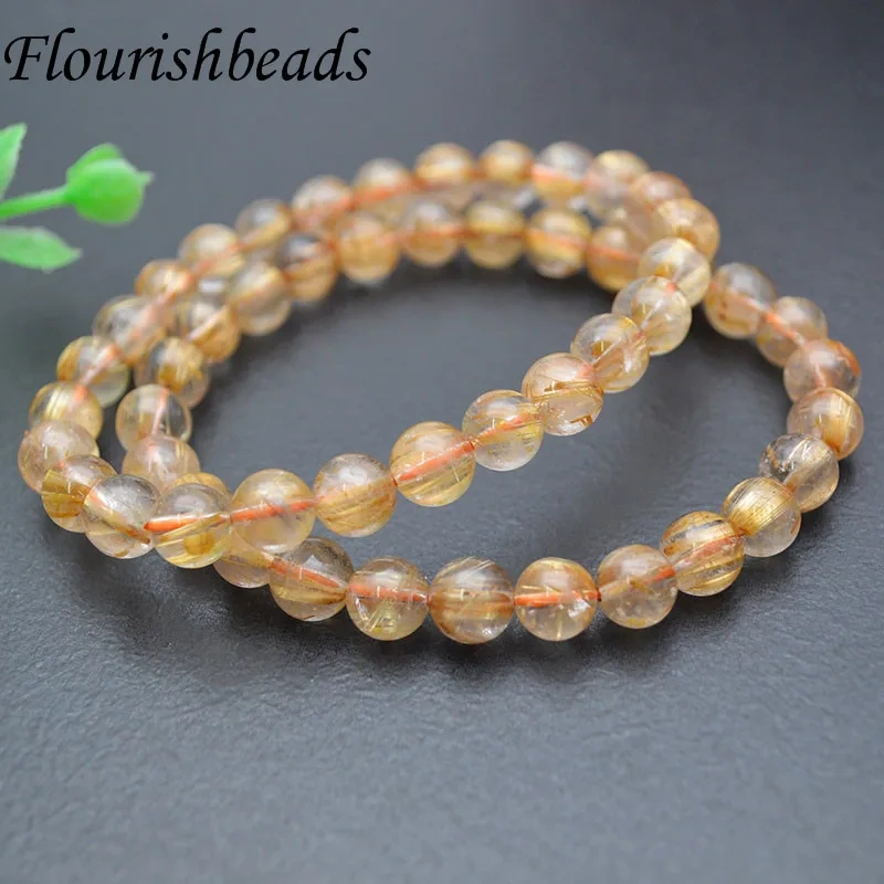 8mm Bead 100% Natural Gold Rutilated Quartz Stretch Bracelet Woman Man Luck Wealthy Beads Fine Jewelry Bangle 7.5 Inch